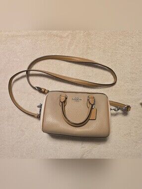 Coach Color Block Tan Pebble Leather Mini Rowan Satchel with Cream Trim